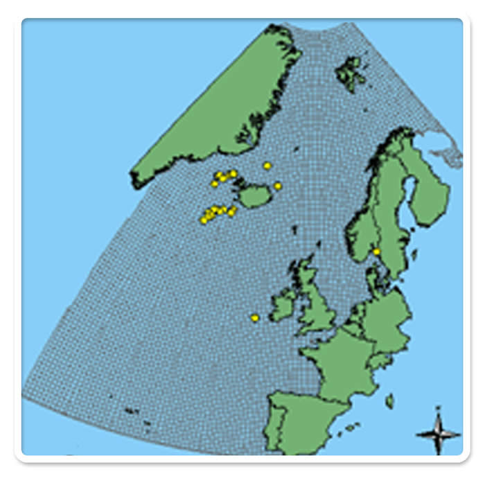 Recorded distribution of deep-sea sponge aggregations in the northeast Atlantic. Map: National Biodiversity Network, Data: JNCC, UK.