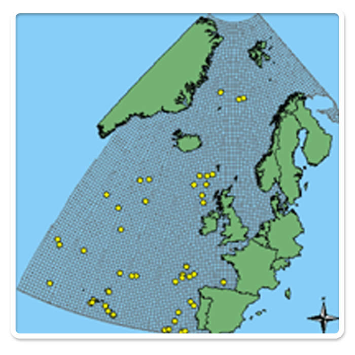 Recorded distribution of seamounts in the northeast Atlantic. Map: National Biodiversity Network, Data: JNCC, UK. 