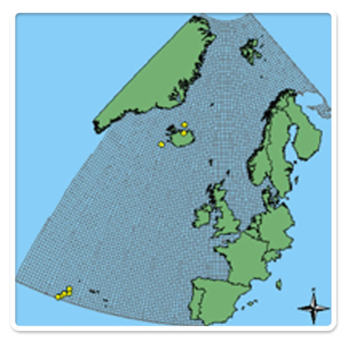 Recorded distribution of oceanic ridges and hydrothermal vents in the northeast Atlantic. Map: National Biodiversity Network, Data: JNCC, UK. 